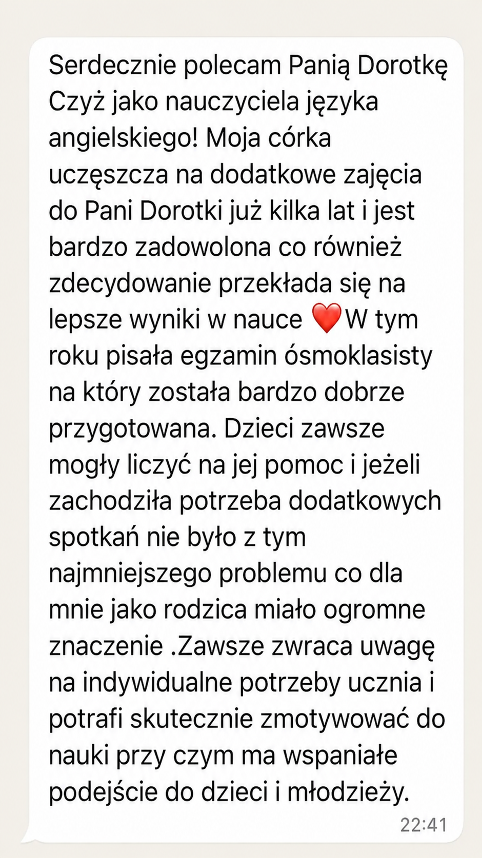 Prawdziwa wiadomość od mamy uczennicy polecającej zajęcia Love English